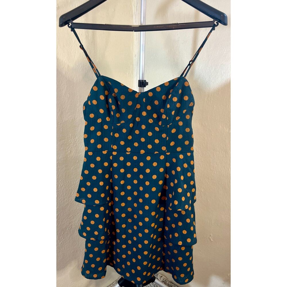 Lush M polka dot teal and gold ruffle tier short dress